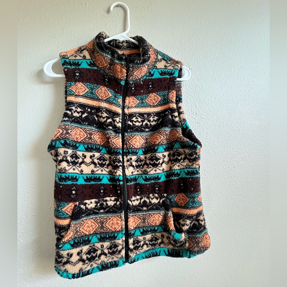 SHEIN LUNE Geo Pattern Zip Up Fleece Vest Jacket Sz M